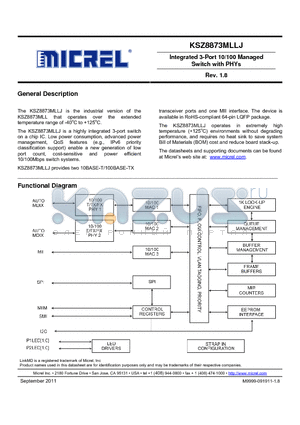 KSZ8873MLLJ datasheet - Integrated 3-Port 10/100 Managed Switch with PHYs