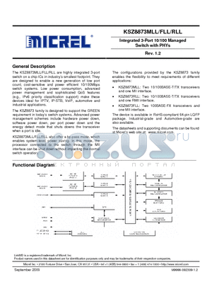 KSZ8873MLL_09 datasheet - Integrated 3-Port 10/100 Managed Switch with PHYs