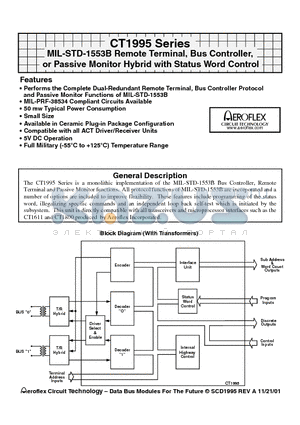 CT1995 datasheet - MIL-STD-1553B Remote Terminal, Bus Controller, or Passive Monitor Hybrid with Status Word Control