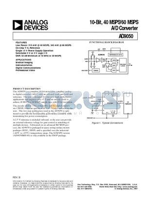 AD9050BRS datasheet - 10-Bit, 40 MSPS/60 MSPS A/D Converter