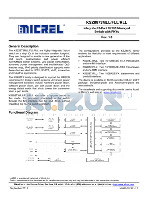 KSZ8873MLLAM datasheet - Integrated 3-Port 10/100 Managed Switch with PHYs