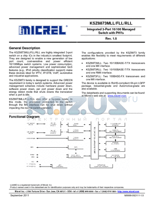 KSZ8873RLL datasheet - Integrated 3-Port 10/100 Managed Switch with PHYs