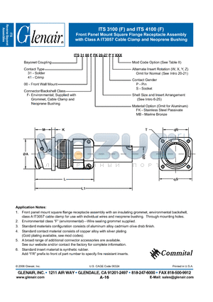 ITS3100FFK datasheet - Front Panel Mount Square Flange Receptacle Assembly