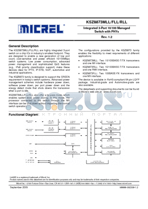 KSZ8873RLLI datasheet - Integrated 3-Port 10/100 Managed Switch with PHYs