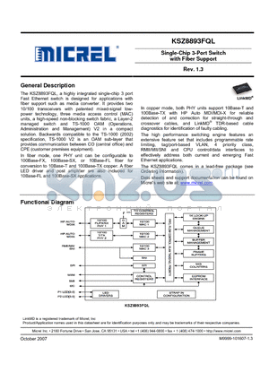 KSZ8893FQL datasheet - Single-Chip 3-Port Switch with Fiber Support