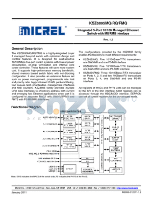 KSZ8895 datasheet - Integrated 5-Port 10/100 Managed Ethernet Switch with MII/RMII interface