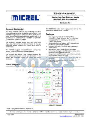 KSZ8993FL datasheet - Single Chip Fast Ethernet Media Converter with TS-1000 OAM