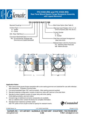 ITS31030RS datasheet - Rear Panel Mount Square Flange Receptacle Assembly