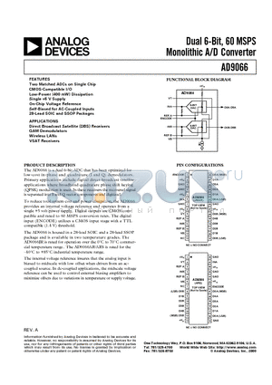 AD9066ARS datasheet - Dual 6-Bit, 60 MSPS Monolithic A/D Converter