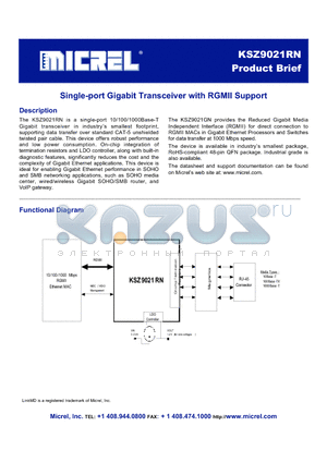 KSZ9021RN datasheet - Single-port Gigabit Transceiver with RGMII Support