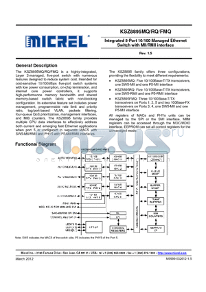 KSZ8895RQ datasheet - Integrated 5-Port 10/100 Managed Ethernet Switch with MII/RMII interface