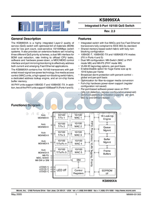 KSZ8995XA datasheet - Integrated 5-Port 10/100 QoS Switch