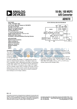 AD9070/PCB datasheet - 10-Bit, 100 MSPS A/D Converter