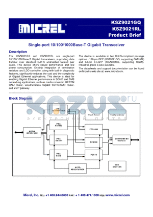 KSZ9021GQ datasheet - Single-port 10/100/1000Base-T Gigabit Transceiver