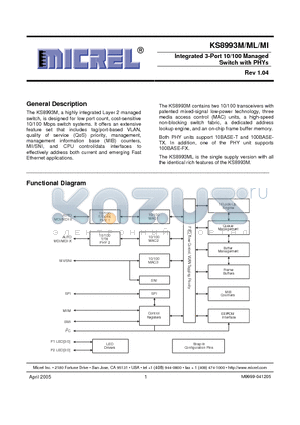 KSZ8993M datasheet - Integrated 3-Port 10/100 Managed Integrated 3-Port 10/100 Managed