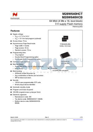 M28W640HCB70ZB6E datasheet - 64 Mbit (4 Mb x 16, boot block) 3 V supply Flash memory