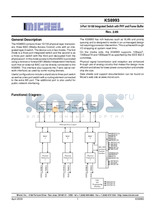 KSZ8993 datasheet - 3-Port 10/100 Integrated Switch with PHY and Frame Buffer