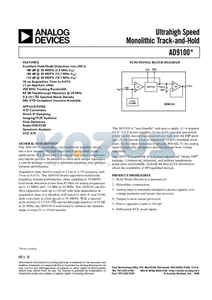 AD9100AD datasheet - Ultrahigh Speed Monolithic Track-and-Hold