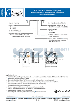 ITS4100RSFK datasheet - Front Panel Mount Square Flange Receptacle