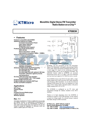 KT0803K datasheet - Monolithic Digital Stereo FM Transmitter Radio-Station-on-a-Chip