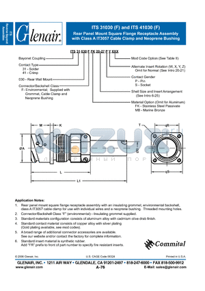 ITS41030F datasheet - Rear Panel Mount Square Flange Receptacle Assembly