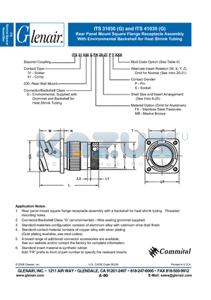ITS41030G datasheet - Rear Panel Mount Square Flange Receptacle Assembly