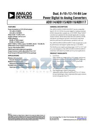 AD9116BCPZRL7 datasheet - Dual, 8-/10-/12-/14-Bit Low Power Digital-to-Analog Converters