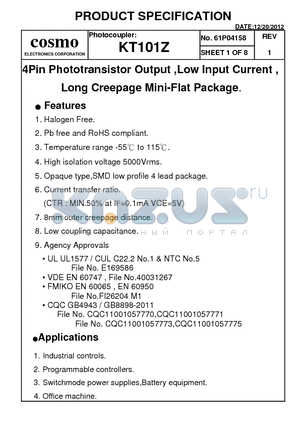 KT101Z datasheet - 4Pin Phototransistor Output