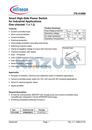 ITS4140N datasheet - Smart High-Side Power Switch for Industrial Applications One channel: 1 x 1 