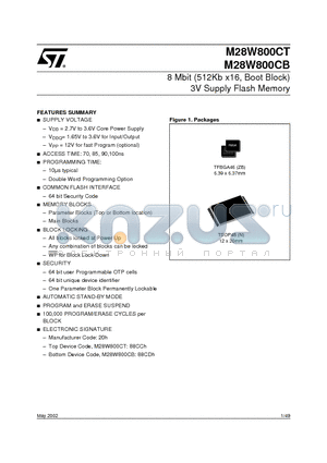 M28W800CT datasheet - 8 Mbit 512Kb x16, Boot Block 3V Supply Flash Memory