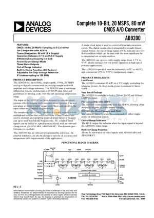 AD9200ARSRL datasheet - Complete 10-Bit, 20 MSPS, 80 mW CMOS A/D Converter