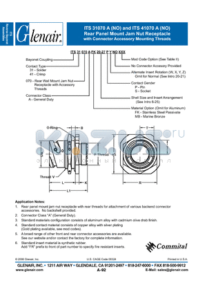 ITS41070A datasheet - Rear Panel Mount Jam Nut Receptacle