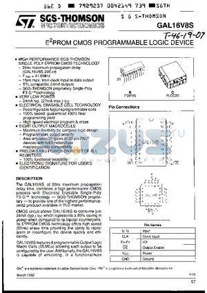 GAL16V8S-20EC1 datasheet - E2PROM CMOS PROGRAMMABLE LOGIC DEVICE