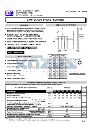 DT6C02 datasheet - 6 AMP SILICON BRIDGE RECTIFIERS