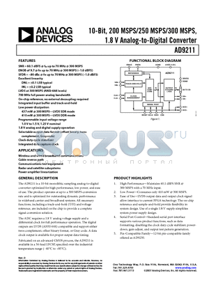 AD9211-200EBZ datasheet - 10-Bit, 200 MSPS/250 MSPS/300 MSPS, 1.8 V Analog-to-Digital Converter