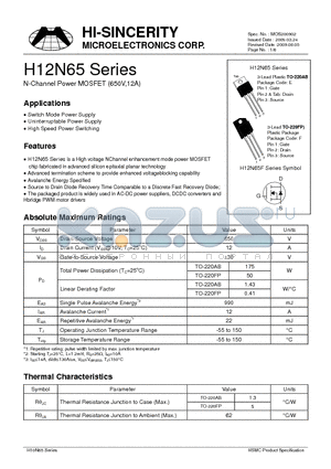H12N65 datasheet - N-Channel Power MOSFET (650V,12A)