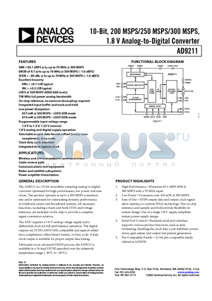 AD9211 datasheet - 10-Bit, 200 MSPS/250 MSPS/300 MSPS, 1.8 V Analog-to-Digital Converter