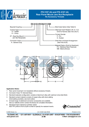 ITSG3107AFK datasheet - Rear Panel Mount Jam Nut Receptacle