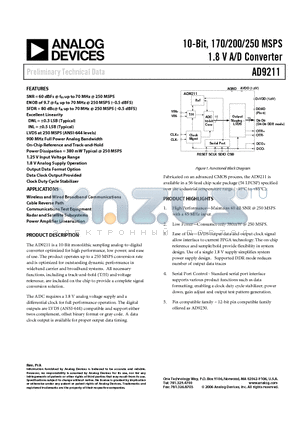 AD9211BCPZ-200 datasheet - 10-Bit, 170/200/250 MSPS 1.8 V A/D Converter