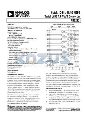 AD9212BCPZRL7-65 datasheet - Octal, 10-Bit, 40/65 MSPS Serial LVDS 1.8 V A/D Converter