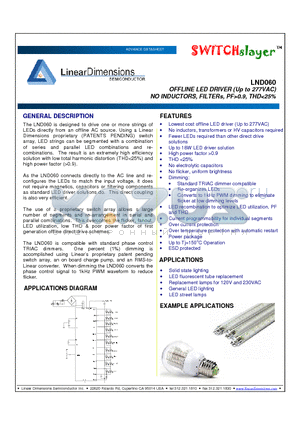 LND060 datasheet - OFFLINE LED DRIVER (Up to 277VAC) NO INDUCTORS, FILTERs, PF>0.9, THD<25%