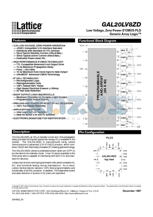 GAL20LV8ZD-15QJ datasheet - Low Voltage, Zero Power E2CMOS PLD Generic Array Logic