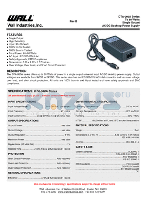 DTA-060A-01Y200 datasheet - To 60 Watts Single Output AC/DC Desktop Power Supply