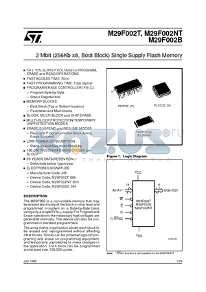 M295V002B-90N1TR datasheet - 2 Mbit 256Kb x8, Boot Block Single Supply Flash Memory