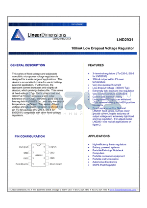 LND2931-15 datasheet - 100mA Low Dropout Voltage Regulator