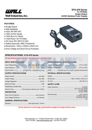 DTA-070A-1Y22D0 datasheet - To 70 Watts Single Output AC/DC Desktop Power Supply