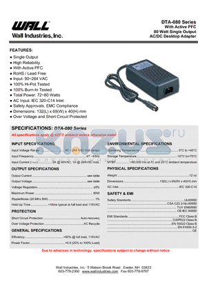DTA-080A2-1Y15AP datasheet - With Active PFC 80 Watt Single Output AC/DC Desktop Adapter