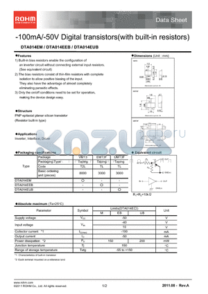 DTA014EEB datasheet - 100mA/-50V Digital transistors(with built-in resistors)