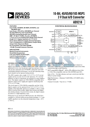 AD9218BST-40 datasheet - 10-Bit, 40/65/80/105 MSPS 3 V Dual A/D Converter