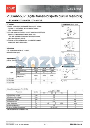 DTA014TEB datasheet - 100mA/-50V Digital transistors(with built-in resistors)